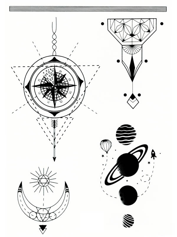 Arrow, Geometric Compass, Moon and Sun - Tatouage Ephémère - Tattoo Forest