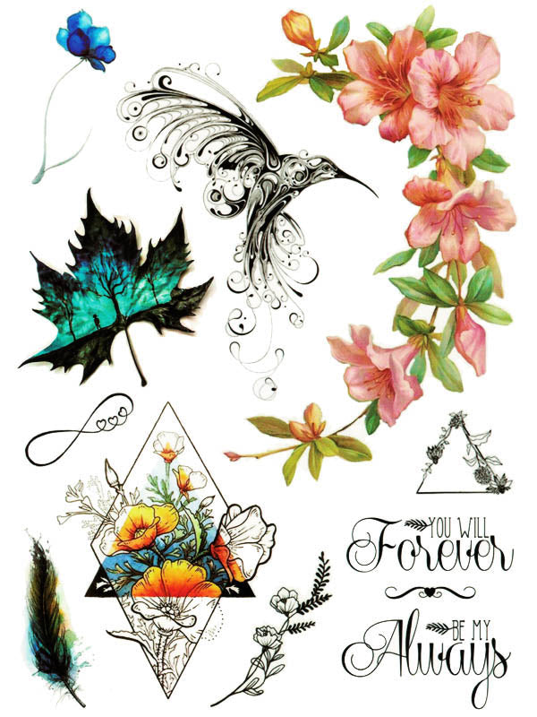 Bird, Flowers, Leaf, Feather and Infinite Love - Tatouage Ephémère - Tattoo Forest