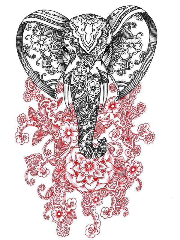 Mandala Black Elephant and Red Lotus Flower - Tatouage Ephémère - Tattoo Forest