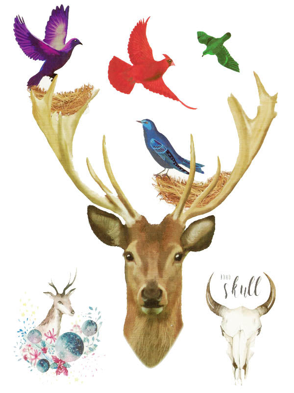 Colorful Birds, Bird Nests, Deers and Buffalo Skull - Tatouage Ephémère - Tattoo Forest