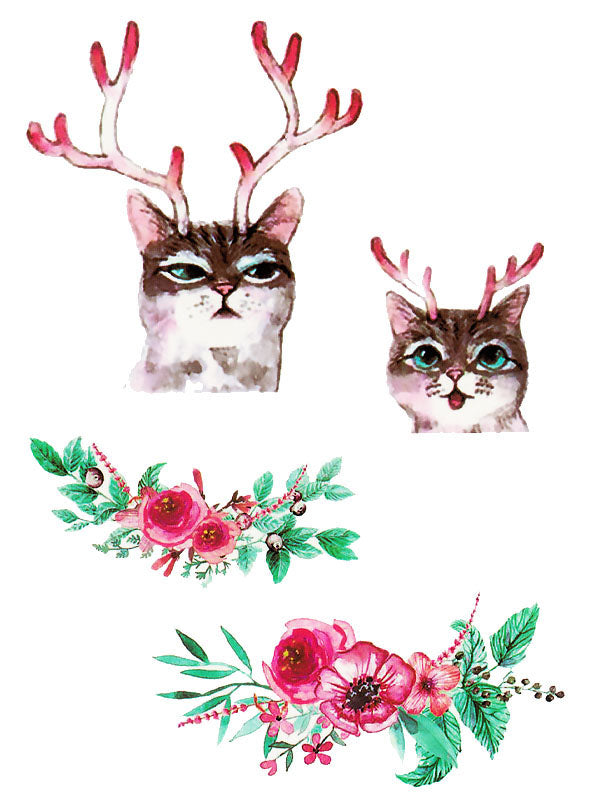 Cute Cats with Stag Antlers and Red Flowers - Tatouage Ephémère - Tattoo Forest