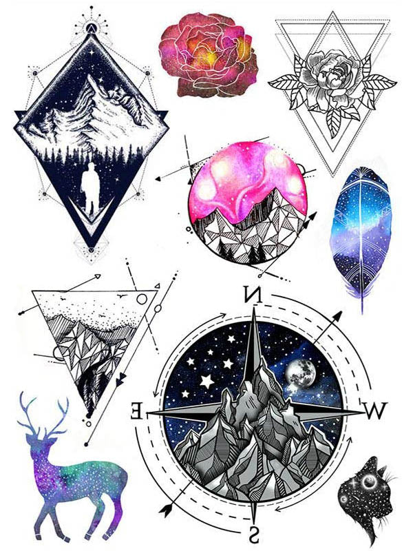 Deer, Geometry, Rose, Compass and Cat - Tatouage Ephémère - Tattoo Forest