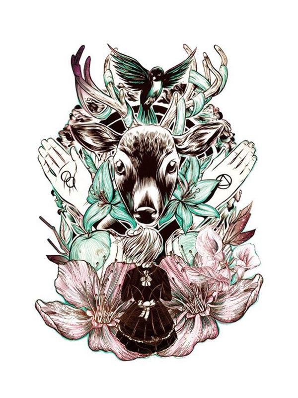 Deer, Girl & Bird - Tatouage Ephémère - Tattoo Forest