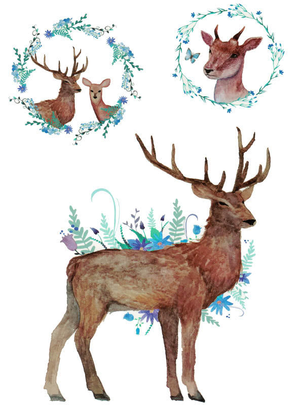 Deer, Roe and Doe with Flower Crowns and Butterflies - Tatouage Ephémère - Tattoo Forest