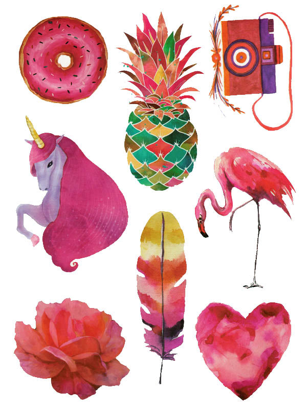 Donut, Pineapple, Camera, Unicorn, Pink Flamingo, Flower, Feather and Heart - Tatouage Ephémère - Tattoo Forest