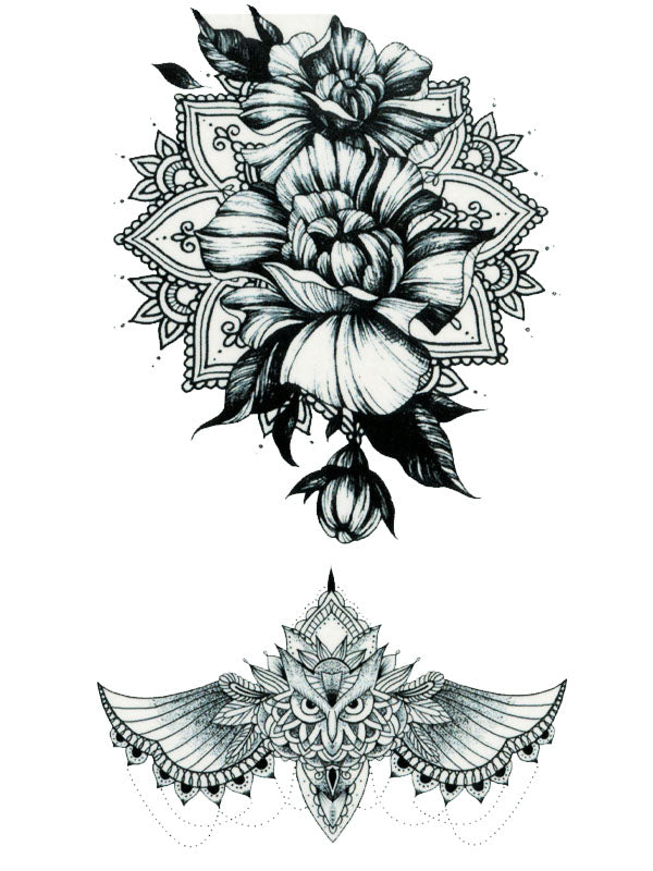 Flower Mandala and Lotus Owl Dreamcatcher - Tatouage Ephémère - Tattoo Forest