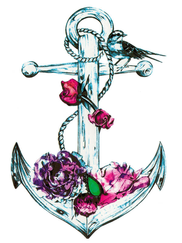 Flowered Anchor and Bird - Tatouage Ephémère - Tattoo Forest