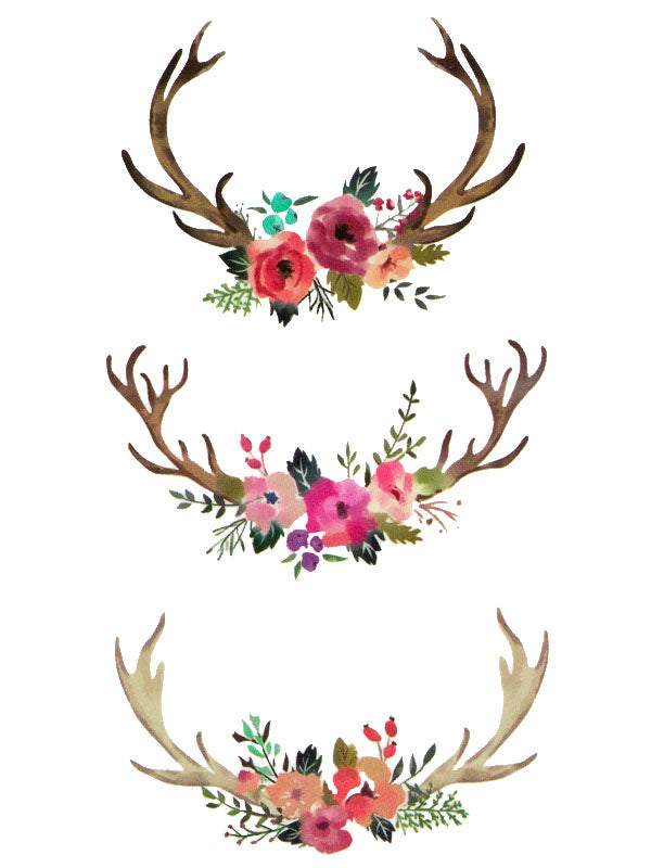 Flowered Stag Antlers - Tatouage Ephémère - Tattoo Forest
