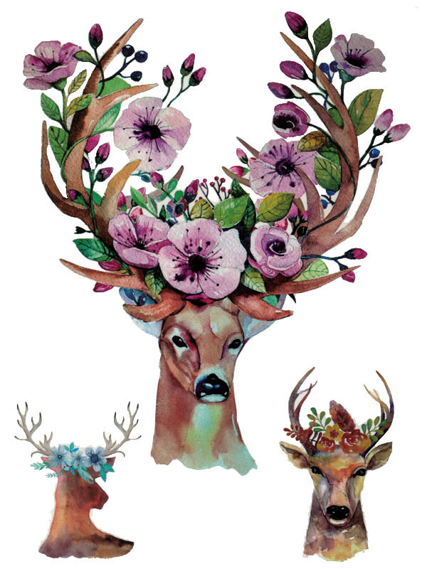 Flowered Stag, Deer and Roe - Tatouage Ephémère - Tattoo Forest