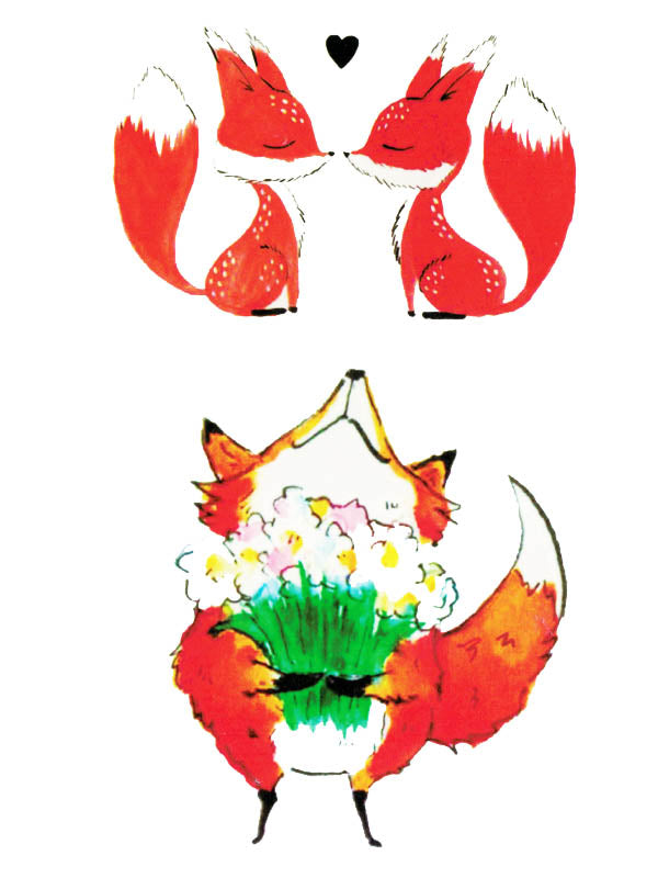 Foxes in Love and Fox with a Bunch of Flowers - Tatouage Ephémère - Tattoo Forest
