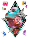 Geometric Diamond Beauty with Flowers, Butterflies and Birds - Tatouage Ephémère - Tattoo Forest