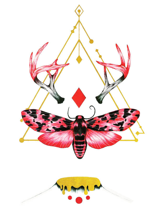 Geometric Red Diamond and Sphinx Butterfly with Antlers - Tatouage Ephémère - Tattoo Forest