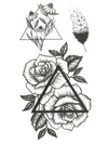Geometric Roses, Graphic Feather and Triangles - Tatouage Ephémère - Tattoo Forest