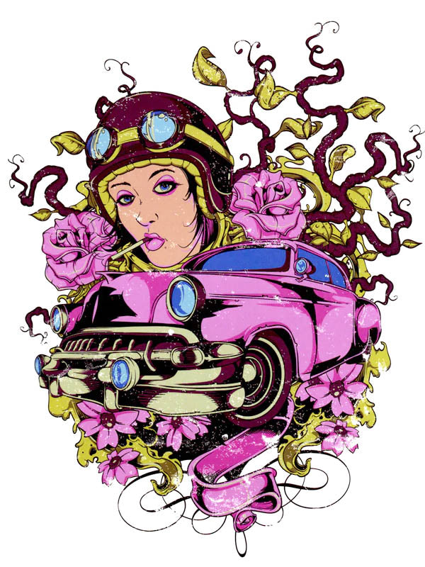 Girl Pilot and Pink Cadillac - Tatouage Ephémère - Tattoo Forest