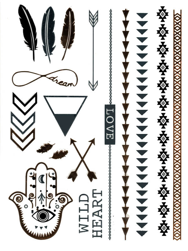 Gold Fatima's Hand, Feathers, Arrows, Infinite Dream and Love Bracelet - Tatouage Ephémère - Tattoo Forest