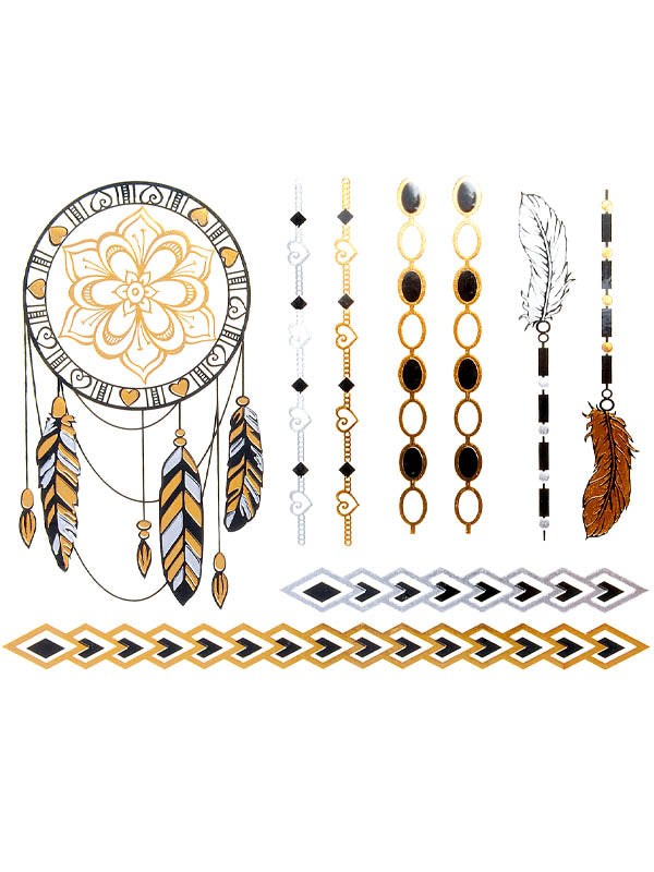 Gold, Silver and Black Lotus Dreamcatcher, Feathers and Heart Bracelets - Tatouage Ephémère - Tattoo Forest