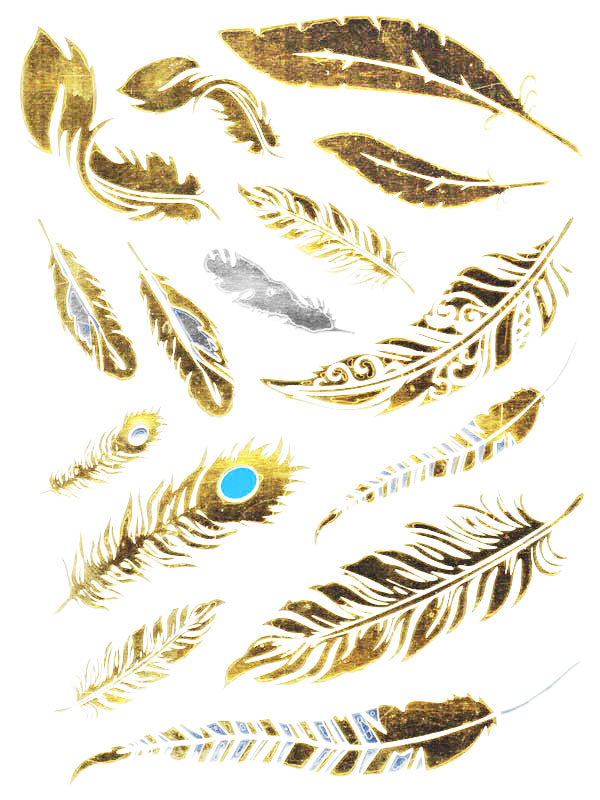Tatouage éphémère métal Collier et Plumes doré et argent, Planche Tattoo  corporel 15,5 x 9
