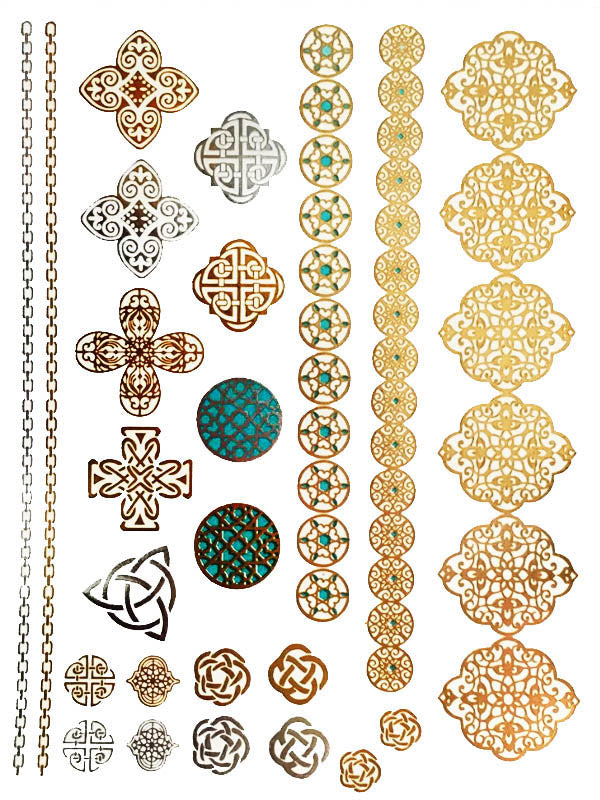 Gold, Silver and Green Crosses, Bracelets and Medallions - Tatouage Ephémère - Tattoo Forest