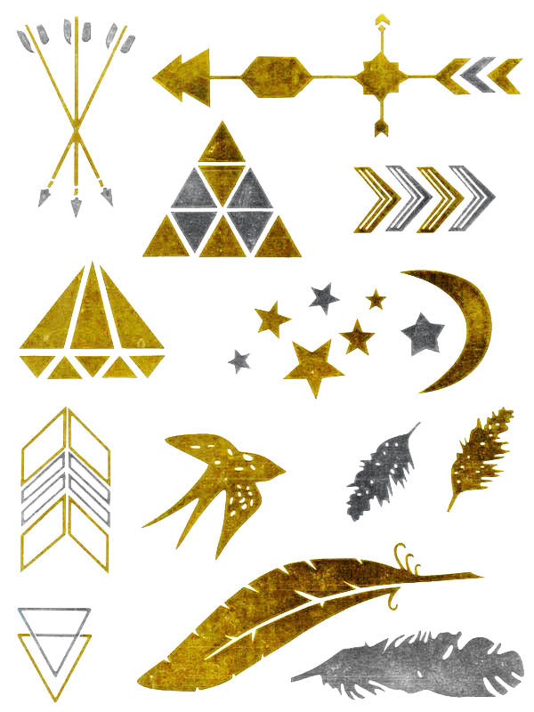 Gold and Silver Arrows, Triangles, Diamond, Moon and Stars, Birds and Feathers - Tatouage Ephémère - Tattoo Forest
