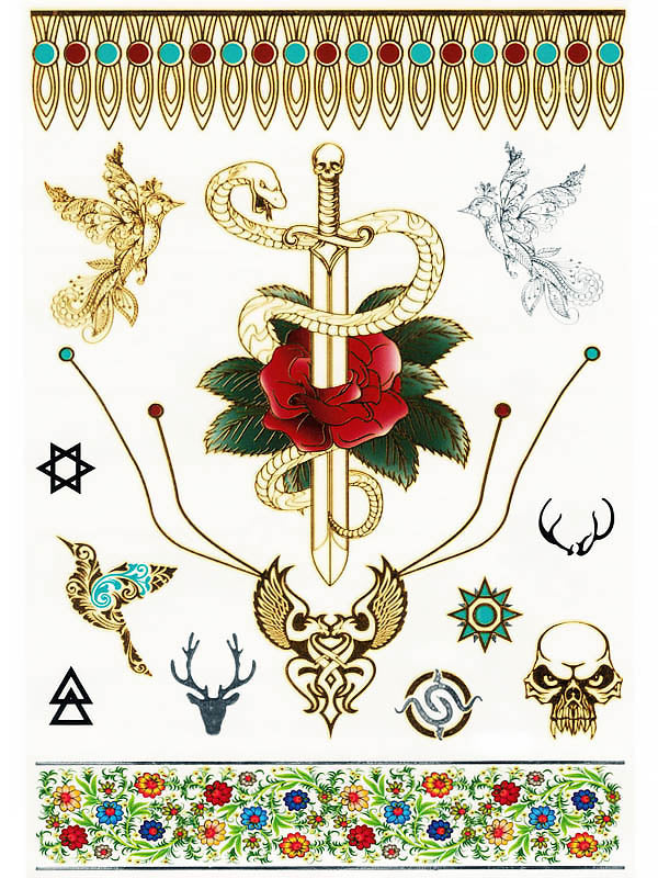 Gold and Silver Peacocks, Snake Sword, Stars, Skull, Deer and Arrow - Tatouage Ephémère - Tattoo Forest