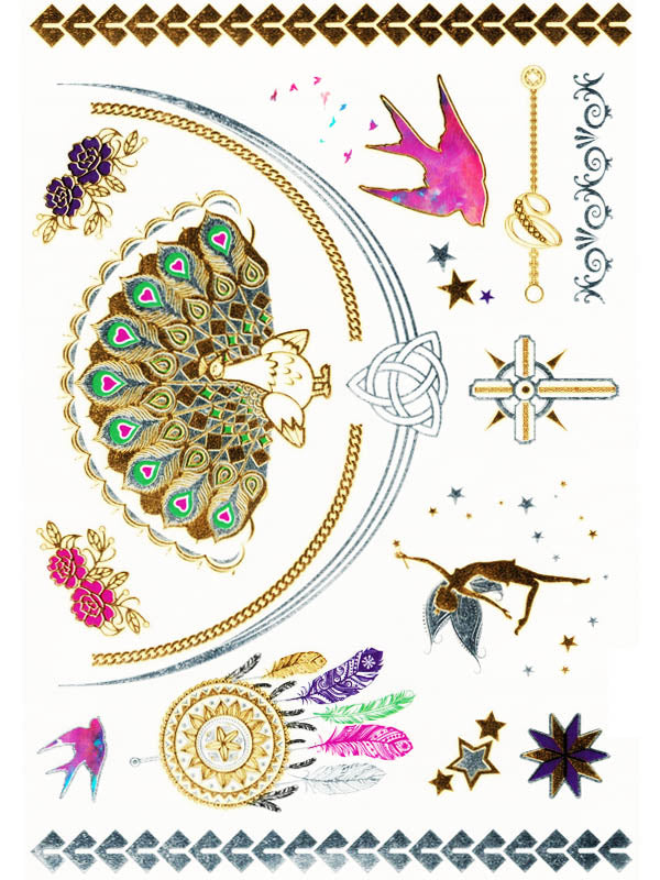 Gold and Silver Tinkerbell, Stars, Dreamcatcher, Peacock, Bird and Cross - Tatouage Ephémère - Tattoo Forest