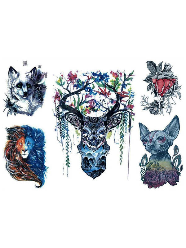 Grey Fox, Bicolor Lion, Flowered Deer and Dog - Tatouage Ephémère - Tattoo Forest