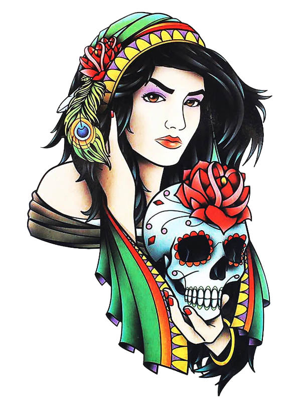 Gypsy Woman and Skull - Tatouage Ephémère - Tattoo Forest