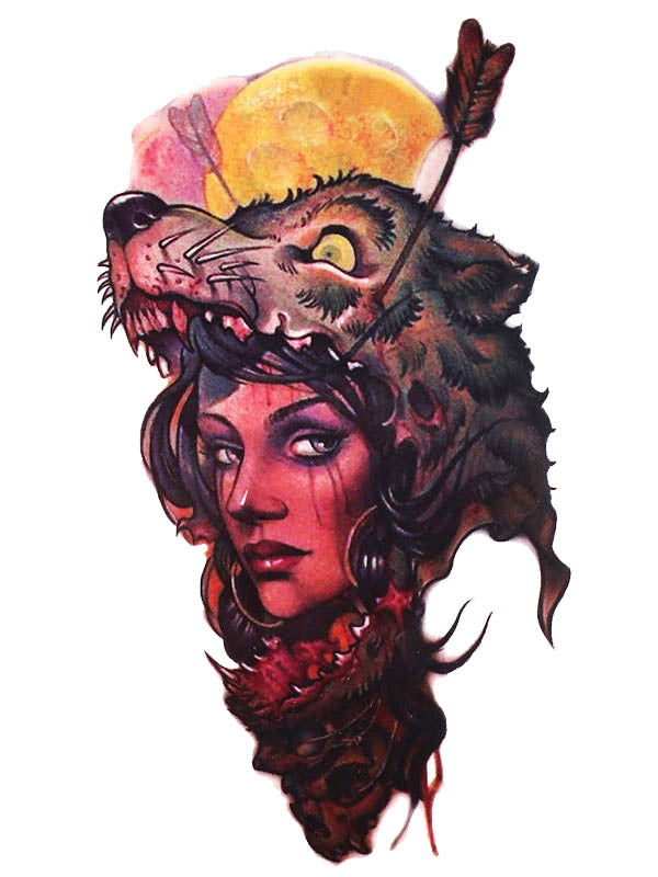 Indian Girl with a Wolf Hat - Tatouage Ephémère - Tattoo Forest