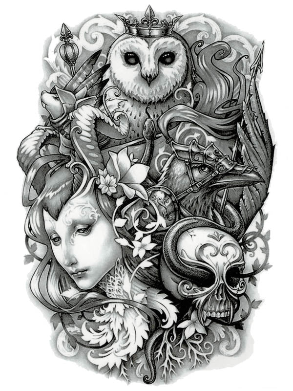 King Owl, Arrow, Raven, Snake and Skull - Tatouage Ephémère - Tattoo Forest