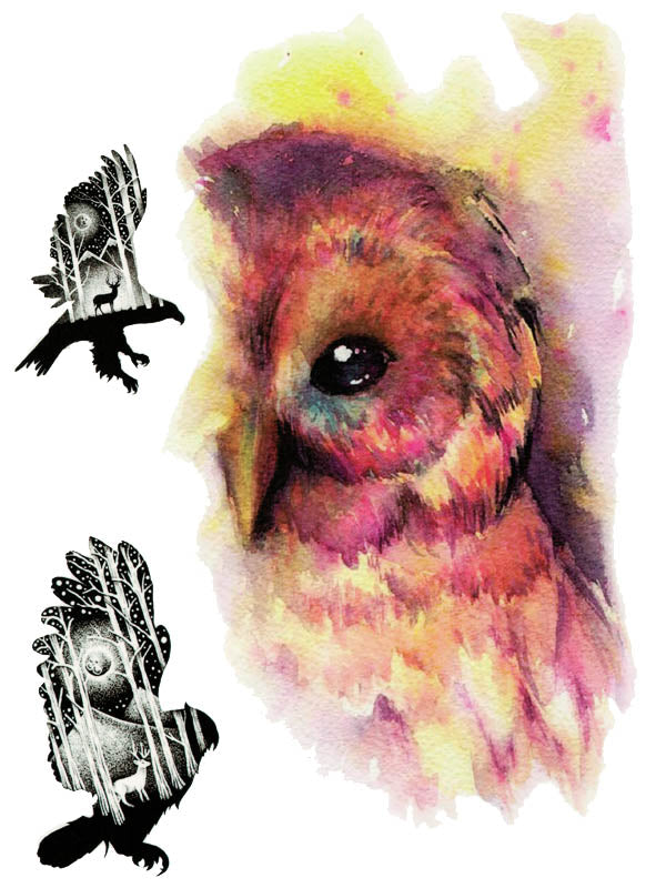 Orange Owl, Eagle and Owl - Tatouage Ephémère - Tattoo Forest