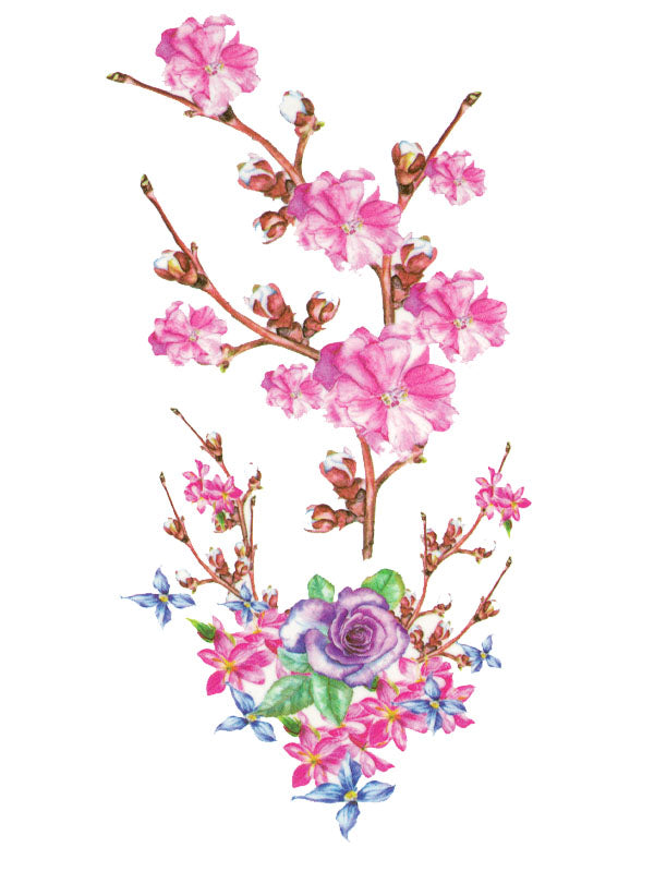 Pink, Blue and Purple Flowers - Tatouage Ephémère - Tattoo Forest