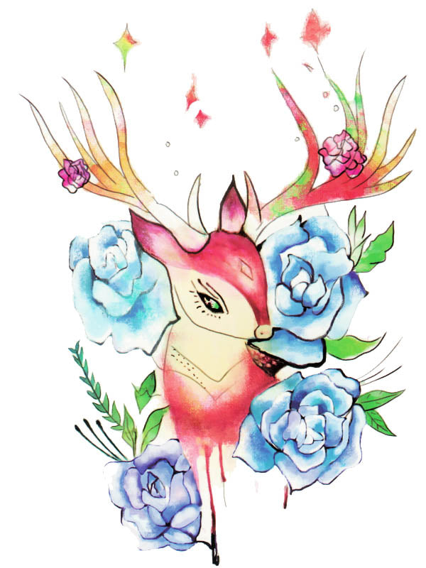 Pink Doe and Flowers - Tatouage Ephémère - Tattoo Forest