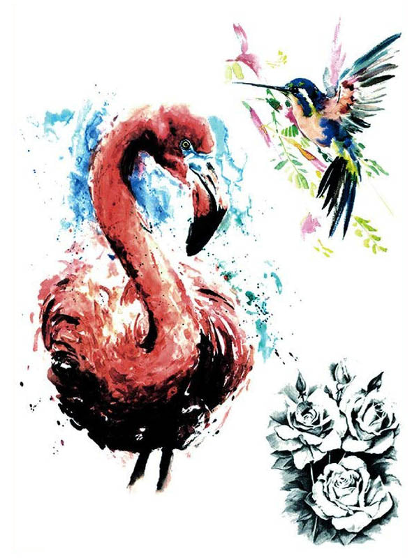 Pink Flamingo, Bird and Roses - Tatouage Ephémère - Tattoo Forest
