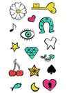 Pink Heart, Green Eye, Horseshoe, Key, Music Note, Tooth, Fishbone, Spade and Moon