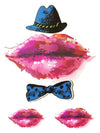 Pink Lipstick Kisses, Blue Hat and Bow Tie - Tatouage Ephémère - Tattoo Forest