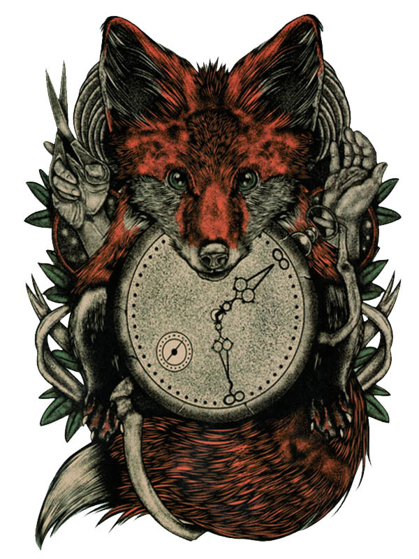 Red Fox with Clock and Hands with Scissors