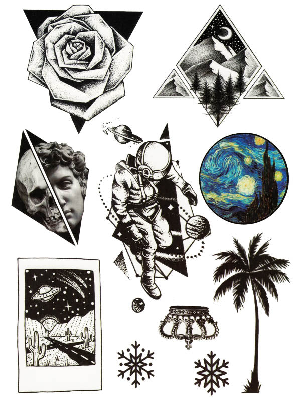 Rose, Mountain, Skull and Scultpure, Astronaut, UFO, Ice Crystals, Crown, Van Gogh Bubble and Palm Tree - Tatouage Ephémère - Tattoo Forest