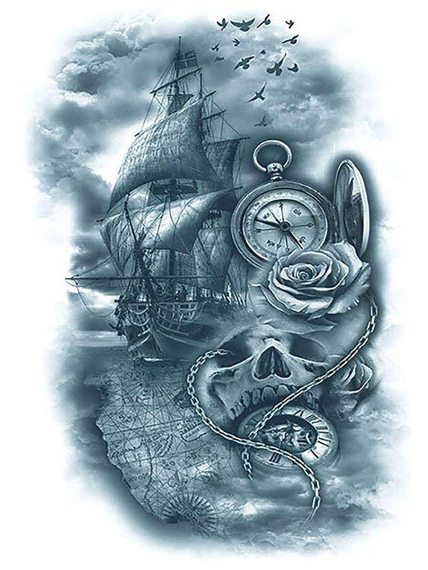 Skull, Compass, Rose, Treasure Map and Vessel - Tatouage Ephémère - Tattoo Forest