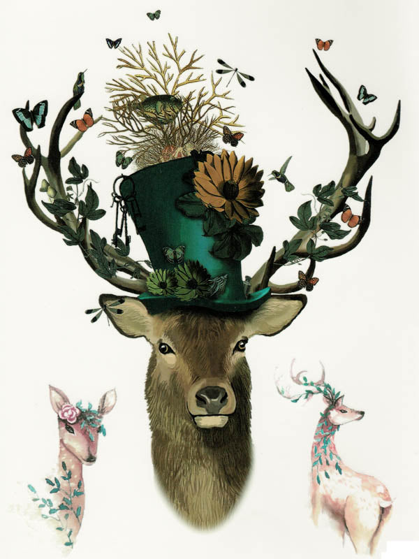 Stag with a Flowered Topper Hat, Birds, Butterflies, Doe and Roe