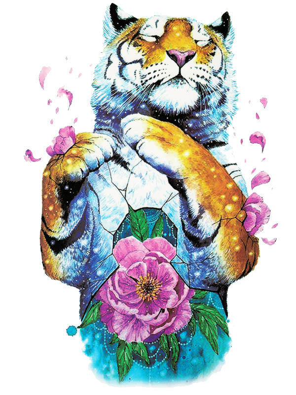 Standing Tiger and Pink Flower Petals