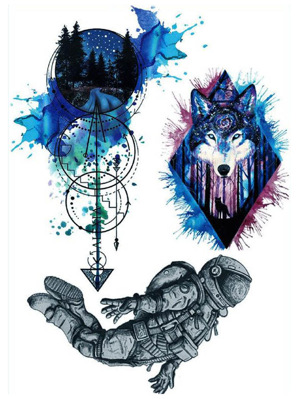 Watercolor Arrow, Galaxy Wolf and Astronaut - Tatouage Ephémère - Tattoo Forest