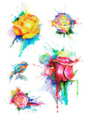 Watercolor Rainbow Roses and Sparrow