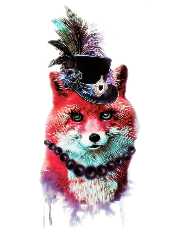 Watercolor Red Fox with Topper Hat and Black Pearl Necklace