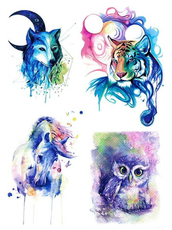 Watercolor Wolf, Watercolor Tiger, Horse and Owl - Tatouage Ephémère - Tattoo Forest