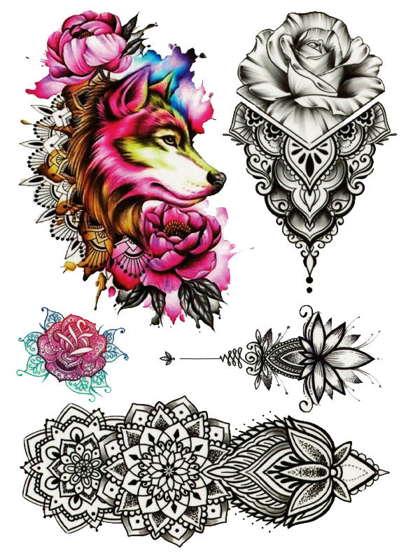 Wolf, Lotus Flower, Roses and Mandalas - Tatouage Ephémère - Tattoo Forest