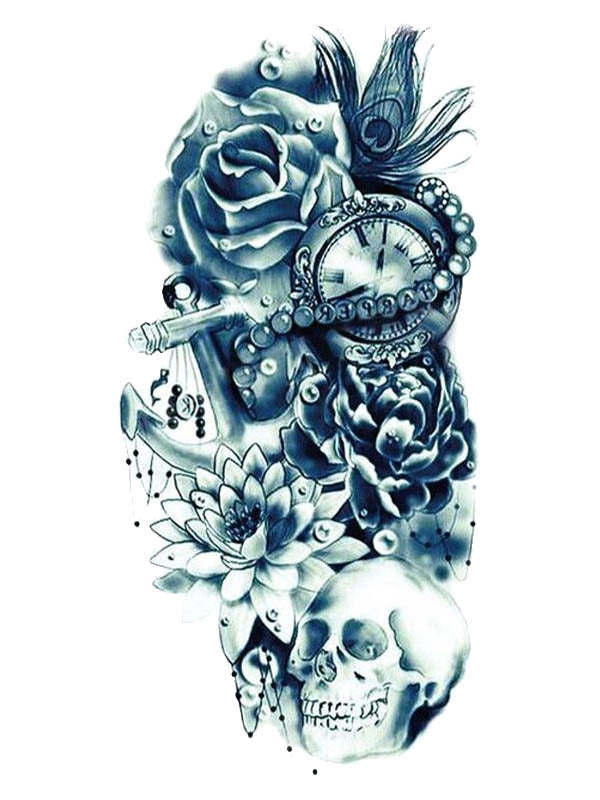 Rose, Clock, Peacock Feather & Anchor - Tattoo Forest