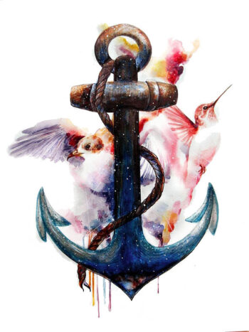 Tattoo-Forest: Tatouage Temporaire Ancre Oiseau Aquarelle