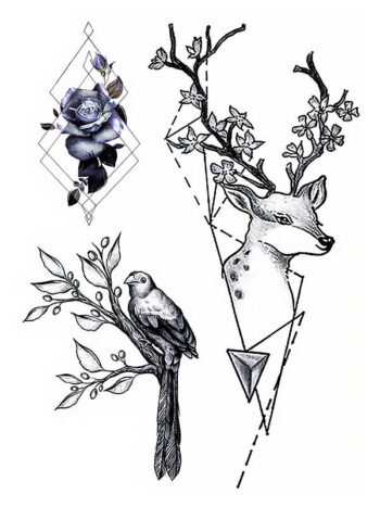 Tattoo-Forest: Tatouage Temporaire Cerf Fleur Oiseau