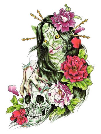 Tattoo-Forest: Tatouage Temporaire Chat Geisha Crane