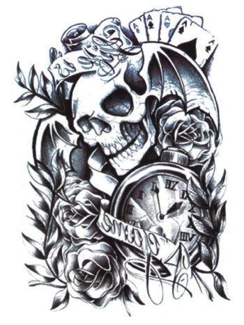 Tattoo-Forest: Tatouage Temporaire Crane Horloge Cartes